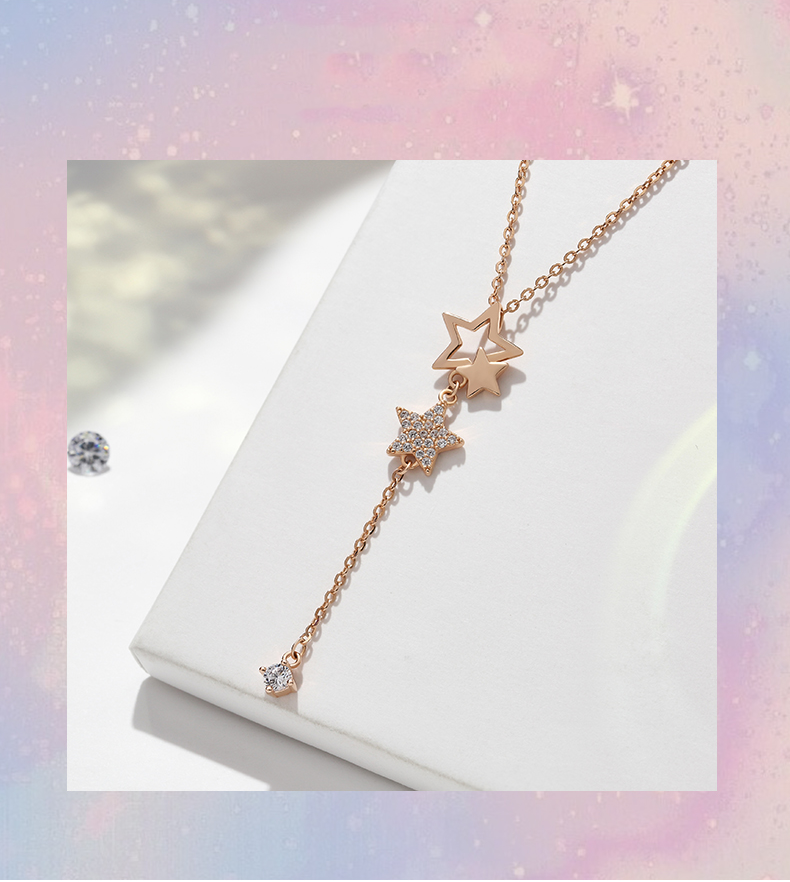 Picking Stars For You Round Cut Sterling Silver Plated 14K Rose Gold Necklace