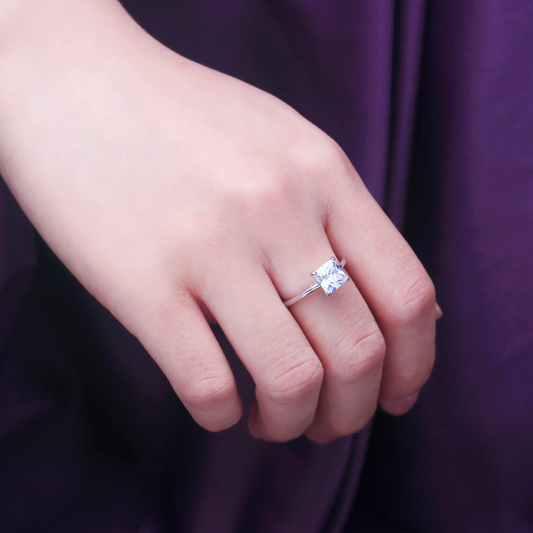 Solitaire Princess Cut Sterling Silver Ring-TL-Juri Elle