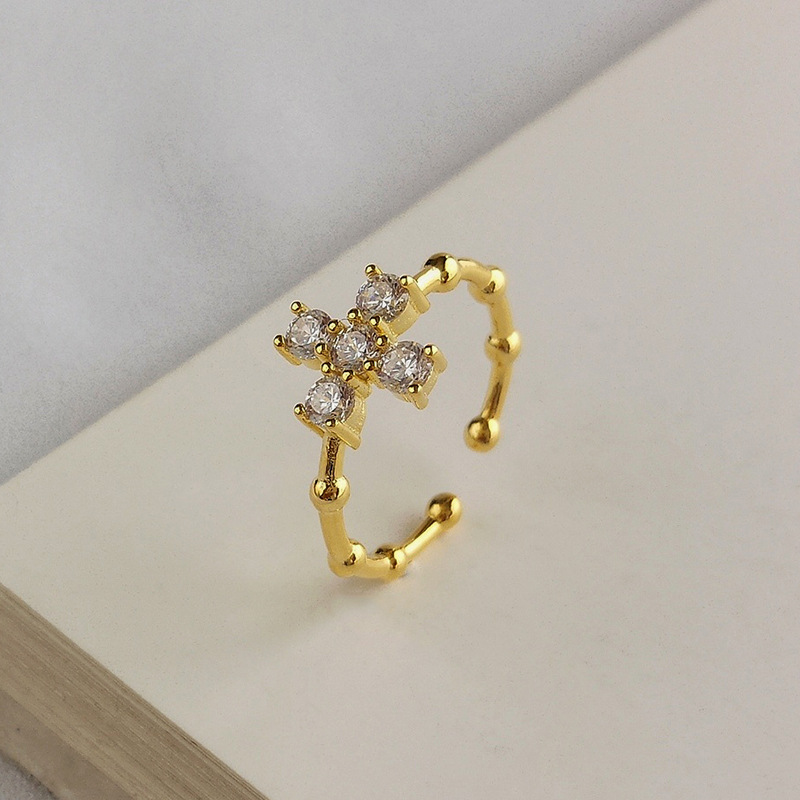 Cross Bamboo Bone Round Cut Sterling Silver Plated Gold Ring
