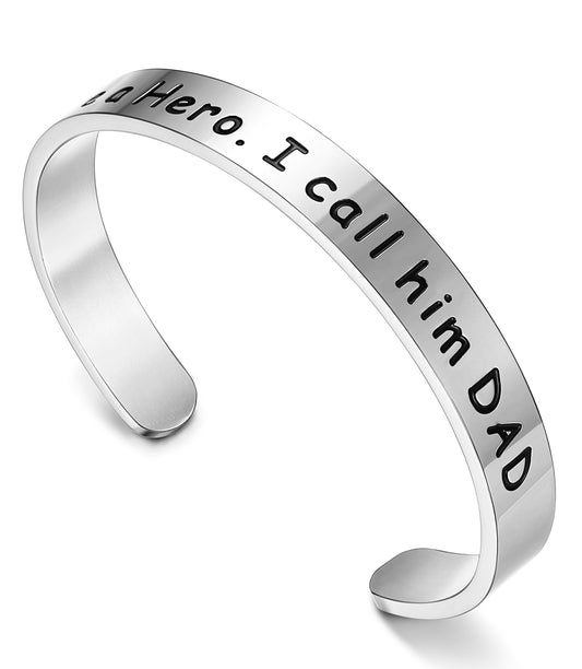 DIOROYAL Gift for Dad from Daughter, Son, Wife - Husband. Father. Hero Father's Day Stainless Steel Bracelet Engraved Bangle Jewelry for Dad