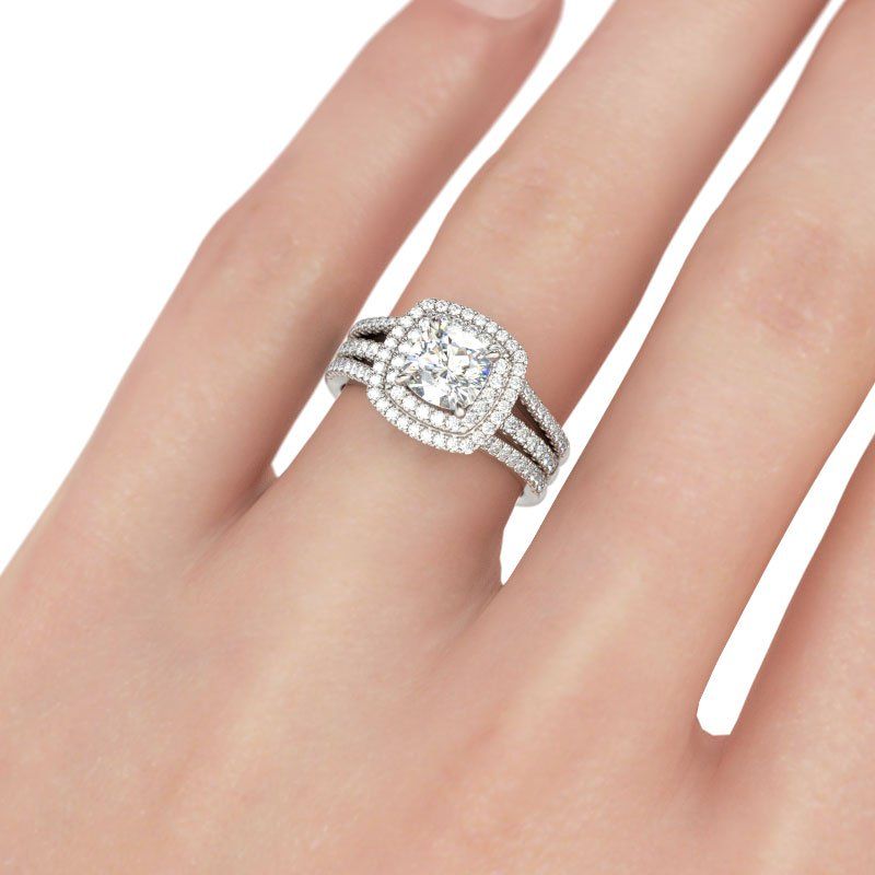 Double Halo Cushion Cut Sterling Silver Ring Set-JE-Juri Elle