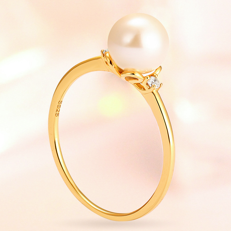 Simple Gold Pearl Round Sterling Silver Ring-TL-Juri Elle