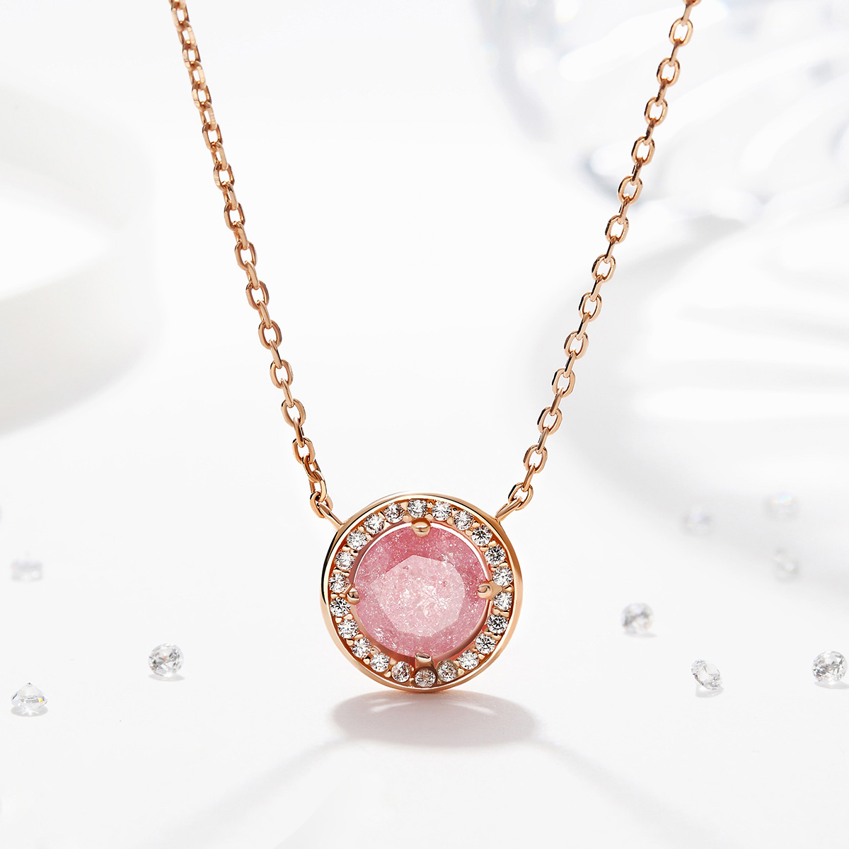 Tear Ice Flower Round Cut Silver Plated 14K Rose Gold Necklace