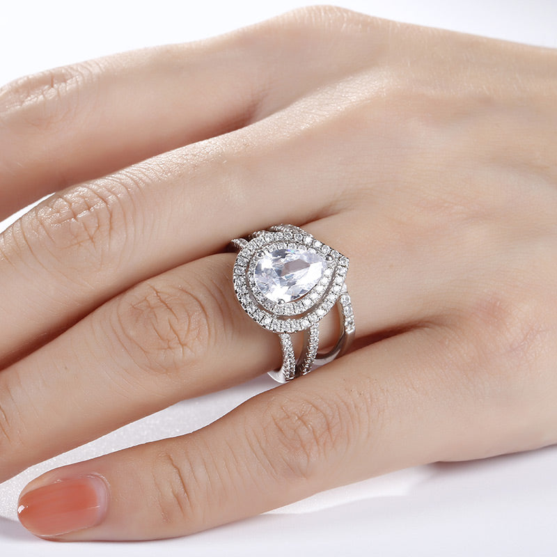 Double Halo Pear Cut Sterling Silver Ring Set-JE-Juri Elle