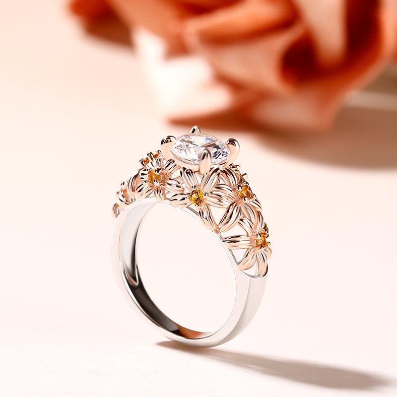 Two Tone Flower Round Cut Sterling Silver Ring-JE-Juri Elle