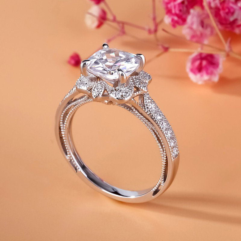 Vintage Floral Cushion Cut Sterling Silver Ring-JE-Juri Elle