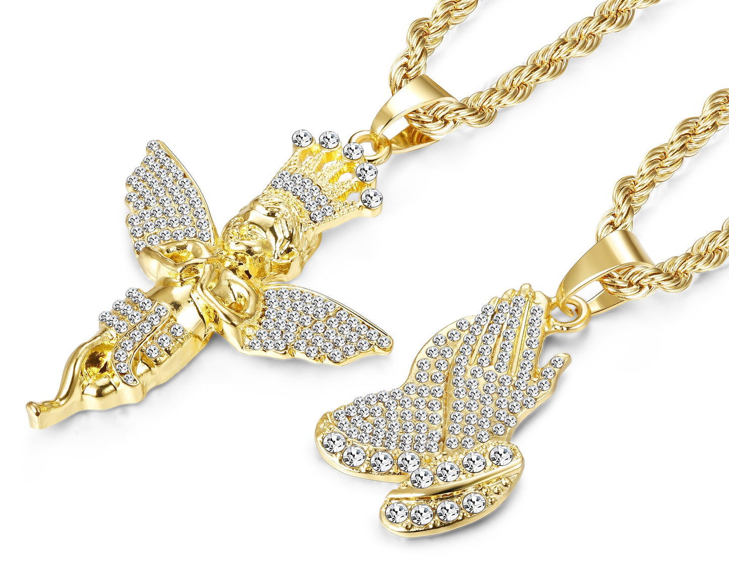 Prayer Hand Angel Pendant Necklace Ice Out Hip Hop Rope Chain 24" 30"