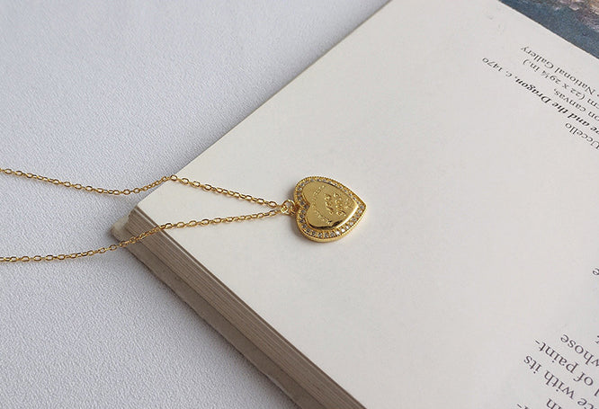 Heart Halo Lettering Round Cut Sterling Silver Plated Gold Necklace