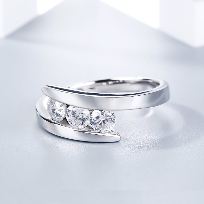 Tension Three Stone Round Cut Sterling Silver Ring-JE-Juri Elle
