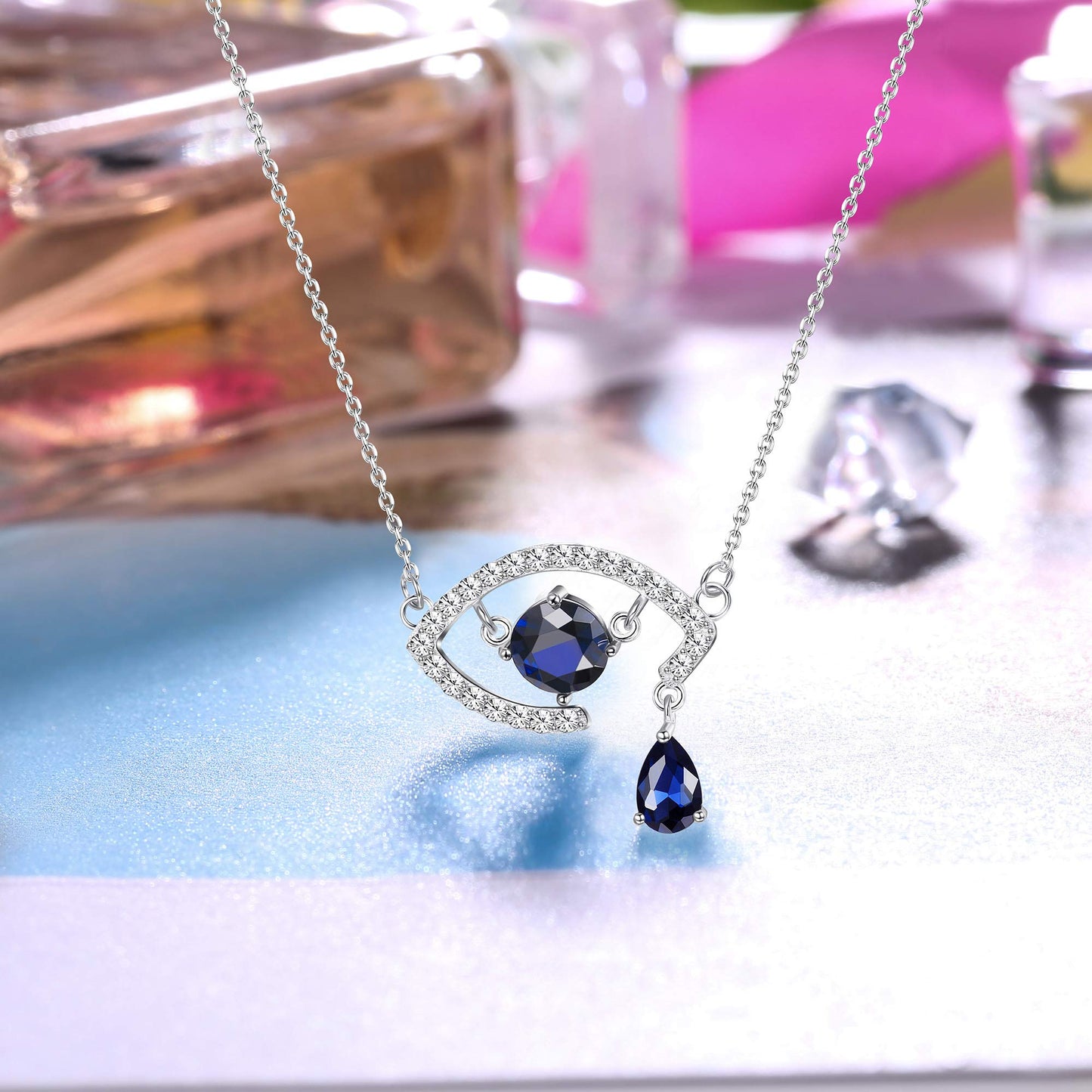 Evil Eye Pendant Necklace Blue Teardrops Necklace
