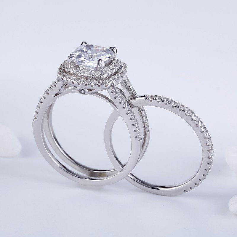 Double Halo Cushion Cut Sterling Silver Ring Set-JE-Juri Elle