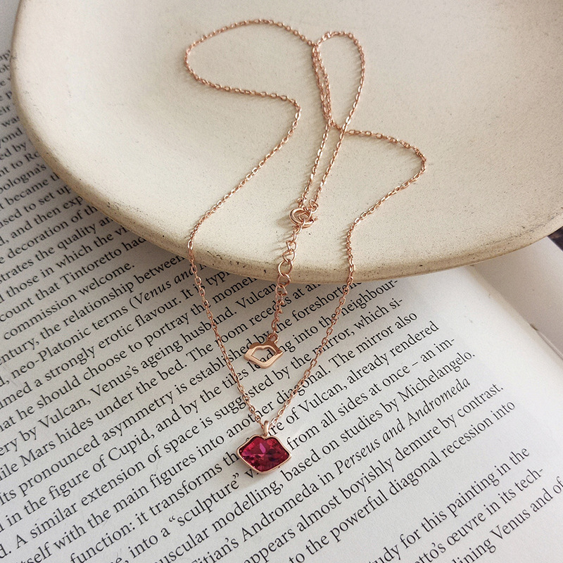 Red Lips Temptation Sterling Silver Plated Rose Gold Necklace