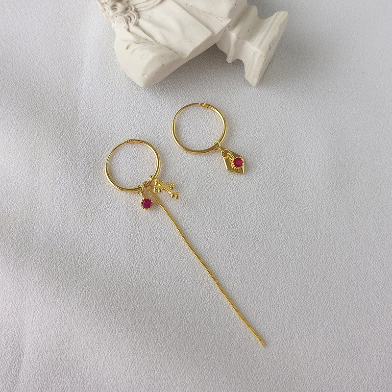 Asymmetric Tassel Round Cut Sterling Silver Plated Gold Earring