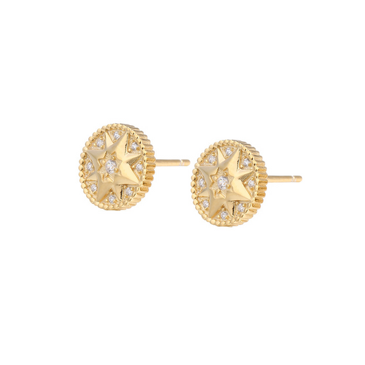 Eight-star Compass Round Cut Sterling Silver Plated Gold Necklace