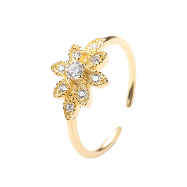 Flower Adjustable Round Cut Sterling Silver Plated Gold Ring
