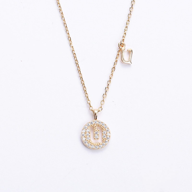 Hollow Letter Round Cut Sterling Silver Plated Champagne Gold Necklace