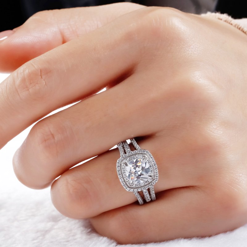 Double Halo Cushion Cut Sterling Silver Ring Set-JE-Juri Elle
