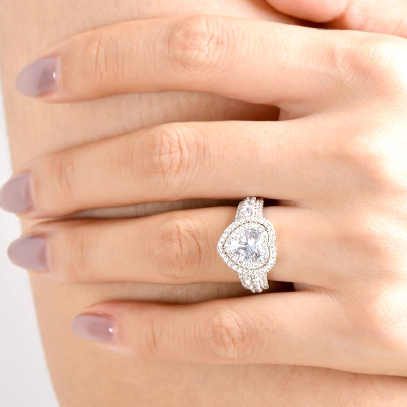 Double Halo Heart Cut Sterling Silver Engagement Ring-JE-Juri Elle