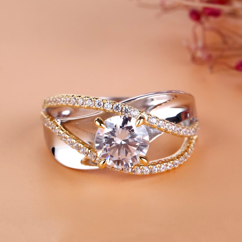 Two Tone Crossover Round Cut Sterling Silver Ring-JE-Juri Elle