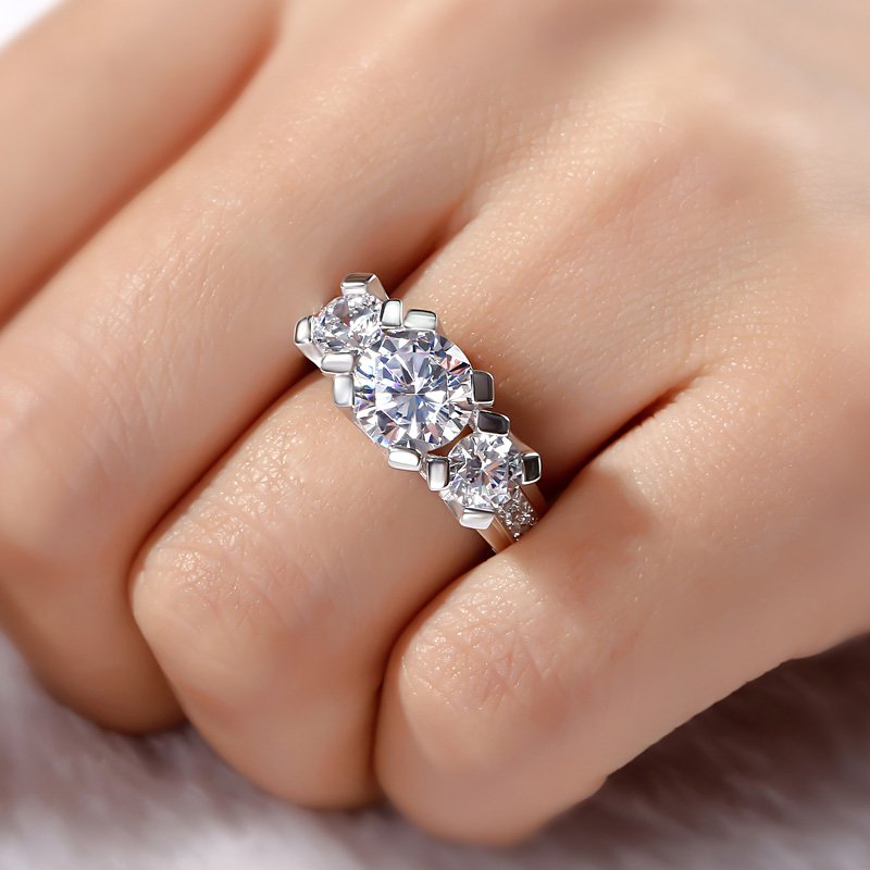 Three Side Pave Three Stone Round Cut Sterling Silver Ring-JE-Juri Elle
