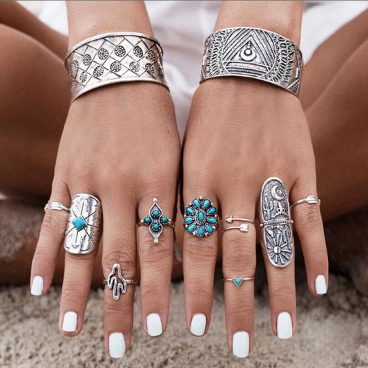 Bohemian Carved Geometric Totem 9 - Piece Alloy Ring Set