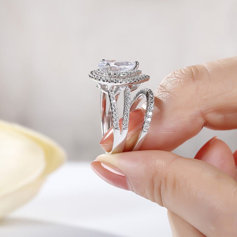 Double Halo Pear Cut Sterling Silver Ring Set-JE-Juri Elle