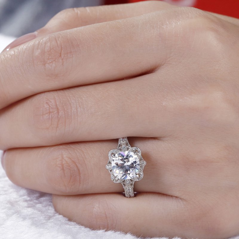 Vintage Floral Cushion Cut Sterling Silver Ring-JE-Juri Elle