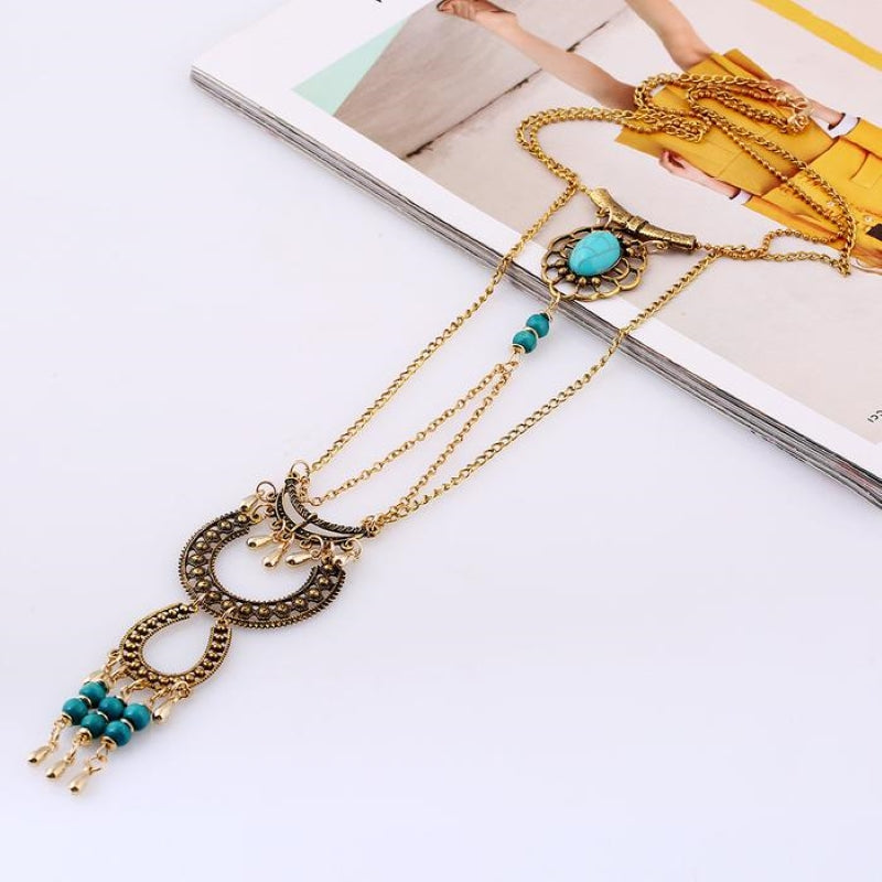 Bohemian Turquoise Drop Tassel Necklace