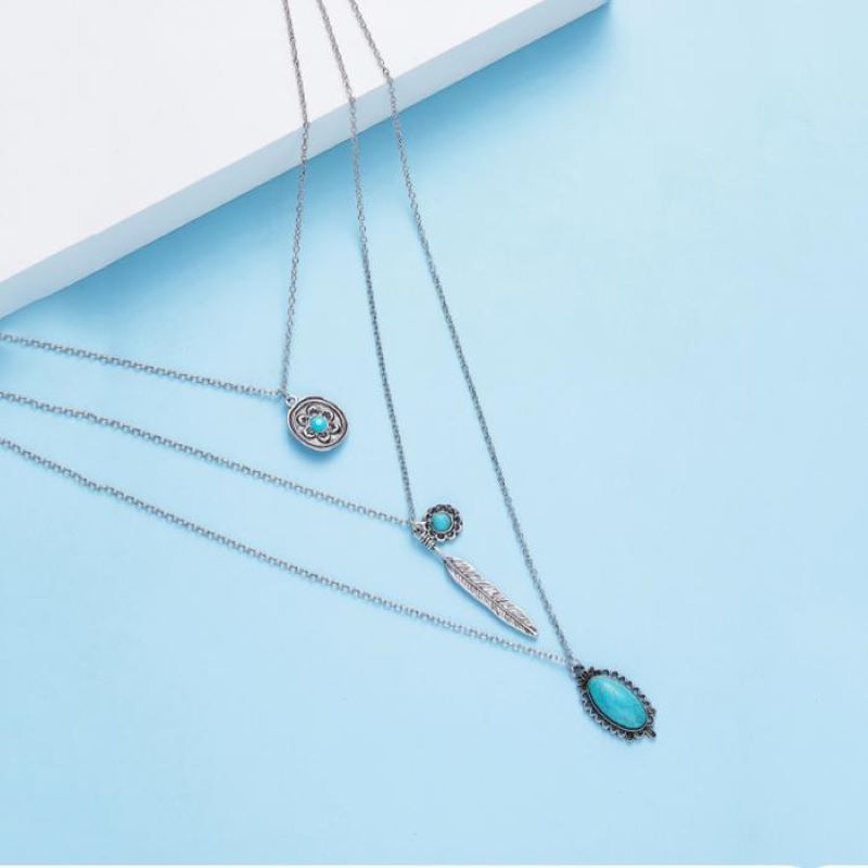 Bohemian National Wind Turquoise Leaf Necklace