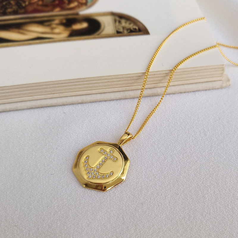 Hollow Anchor Round Cut Sterling Silver Plated Gold Necklace