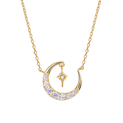 Bright Moon Round Cut Sterling Silver Plated Gold Necklace