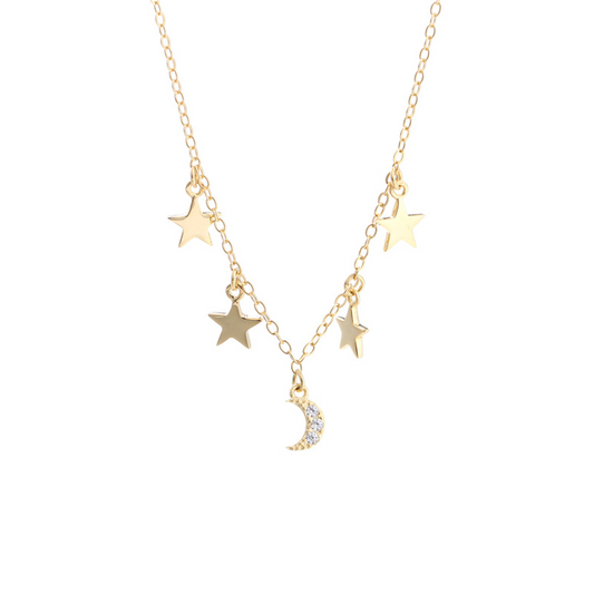 Bright Night Sky Round Cut Sterling Silver Plated Gold Necklace