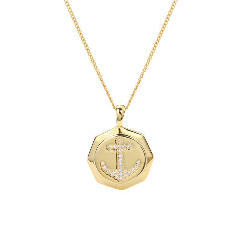 Hollow Anchor Round Cut Sterling Silver Plated Gold Necklace