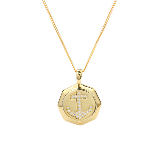 Hollow Anchor Round Cut Sterling Silver Plated Gold Necklace