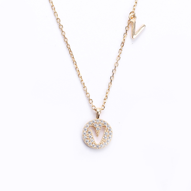 Hollow Letter Round Cut Sterling Silver Plated Champagne Gold Necklace