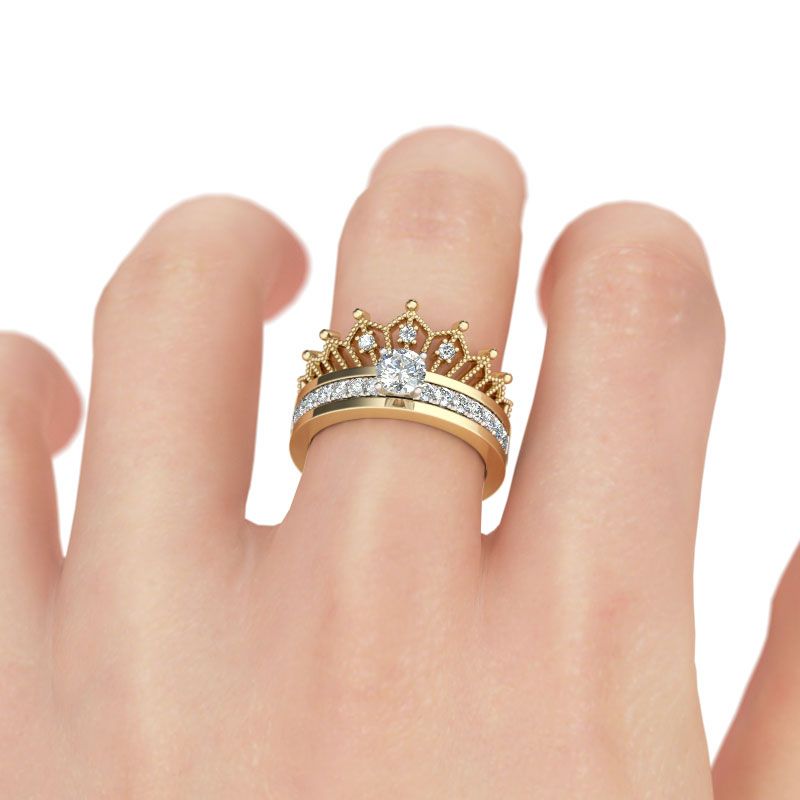 Two Tone Crown Round Cut Sterling Silver Ring set-JE-Juri Elle
