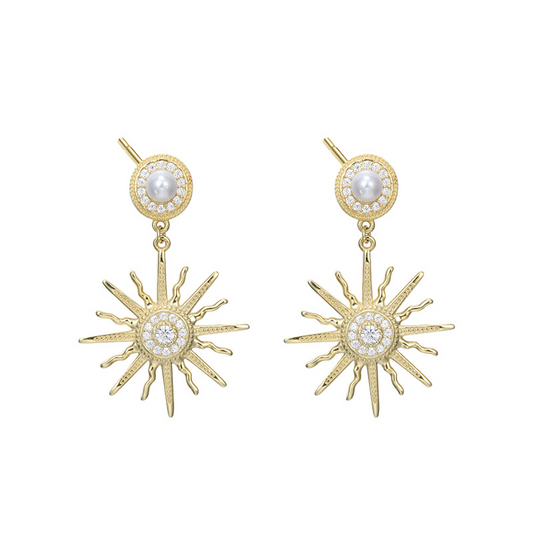 Golden Sun Flower Round Cut Sterling Silver Plated Gold Stud Earring