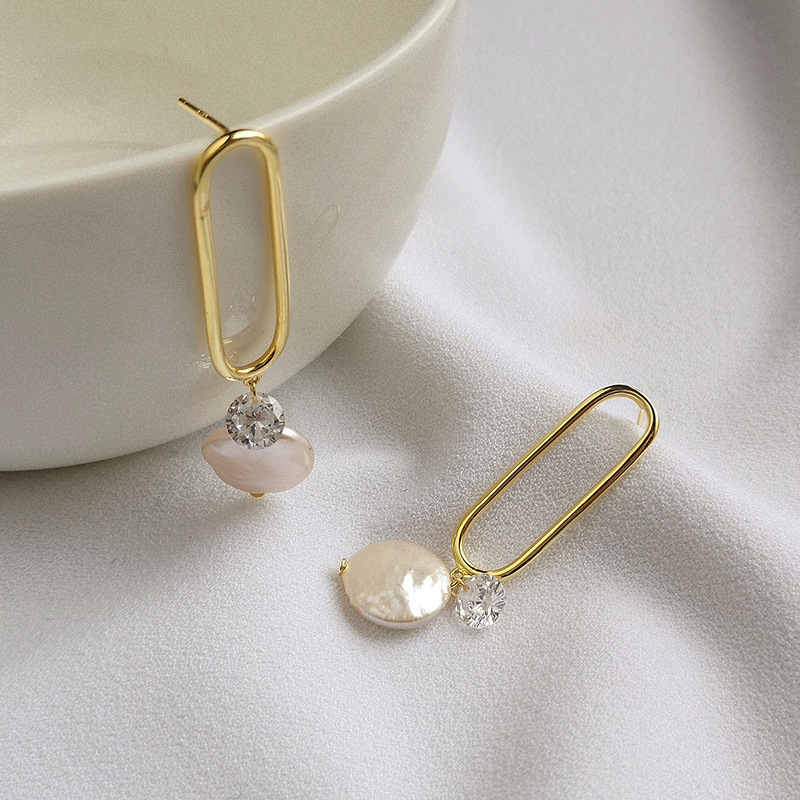 Paperclip Baroque Pearl Sterling Silver Plated Gold Earring