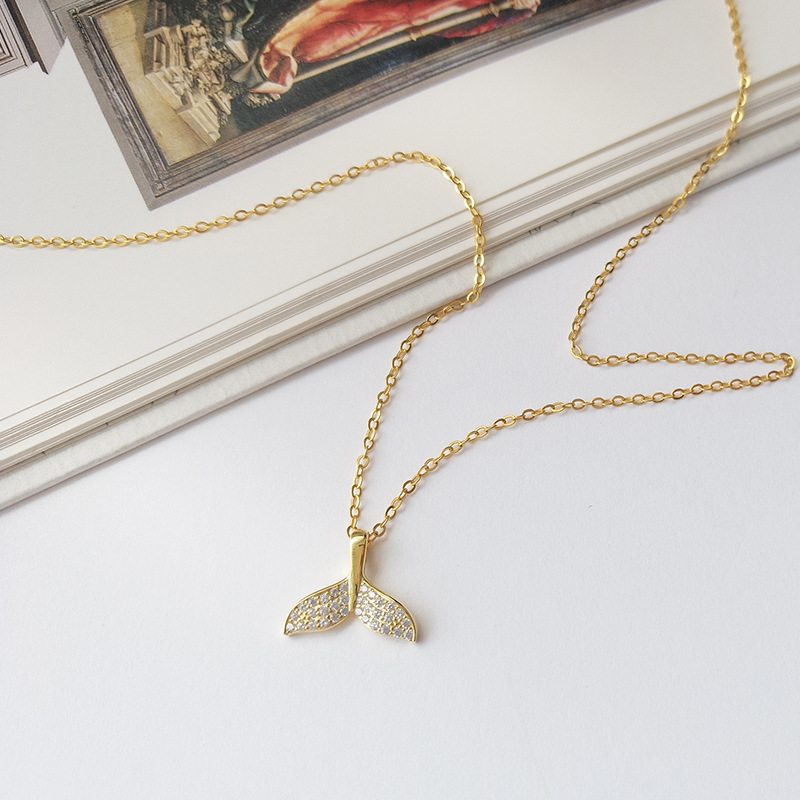 Dolphin Fishtail Round Cut Sterling Silver Plated Gold Necklace