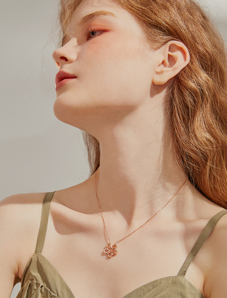 Cherry Blossom Petals Round Cut Sterling Silver Necklace