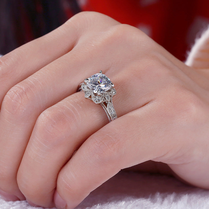 Vintage Floral Cushion Cut Sterling Silver Ring-JE-Juri Elle