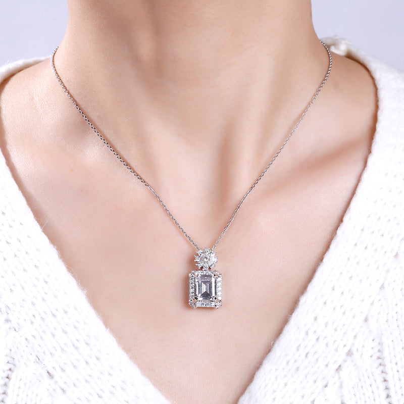 Vintage Flower Halo Emerald Cut Sterling Silver Pendant Necklace-JE-Juri Elle