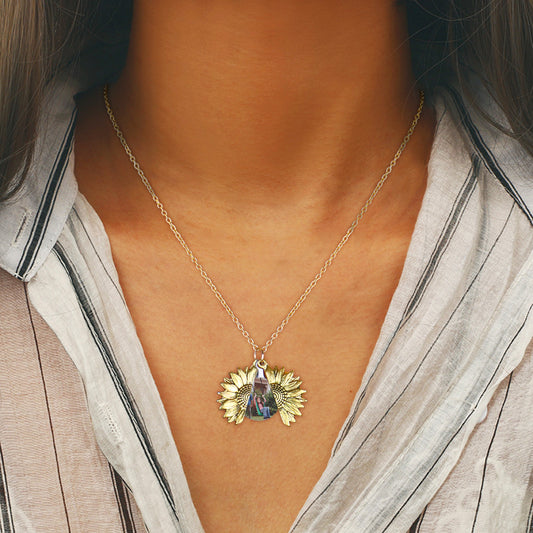 Azzuocaeno Photo/Picture Sunflower Necklace, Engraved Photo Locket Pendant, Sunflower Gifts with Box