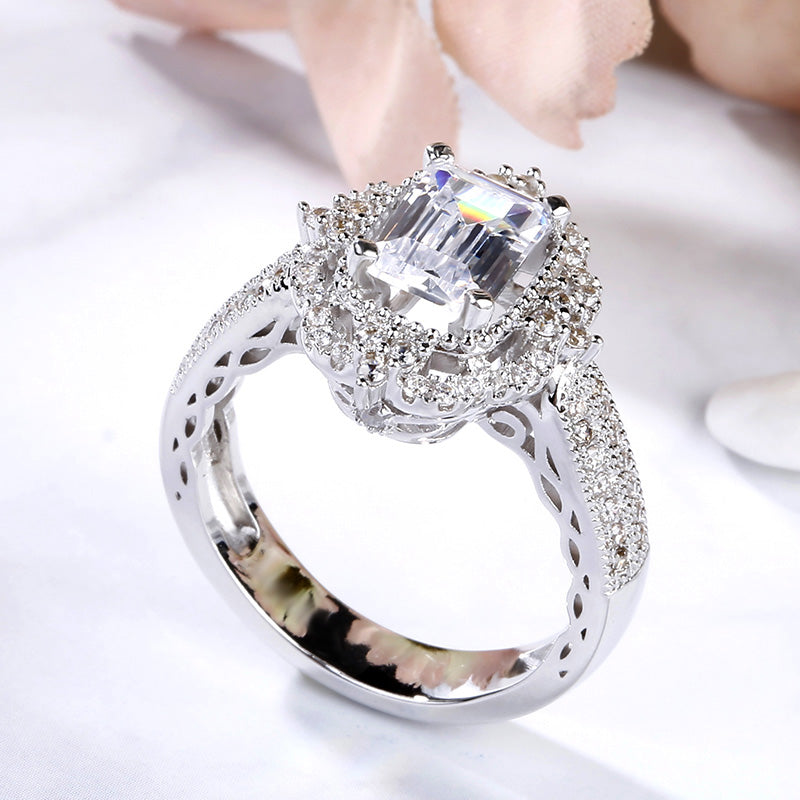 Vintage Halo Emerald Cut Sterling Silver Ring-JE-Juri Elle
