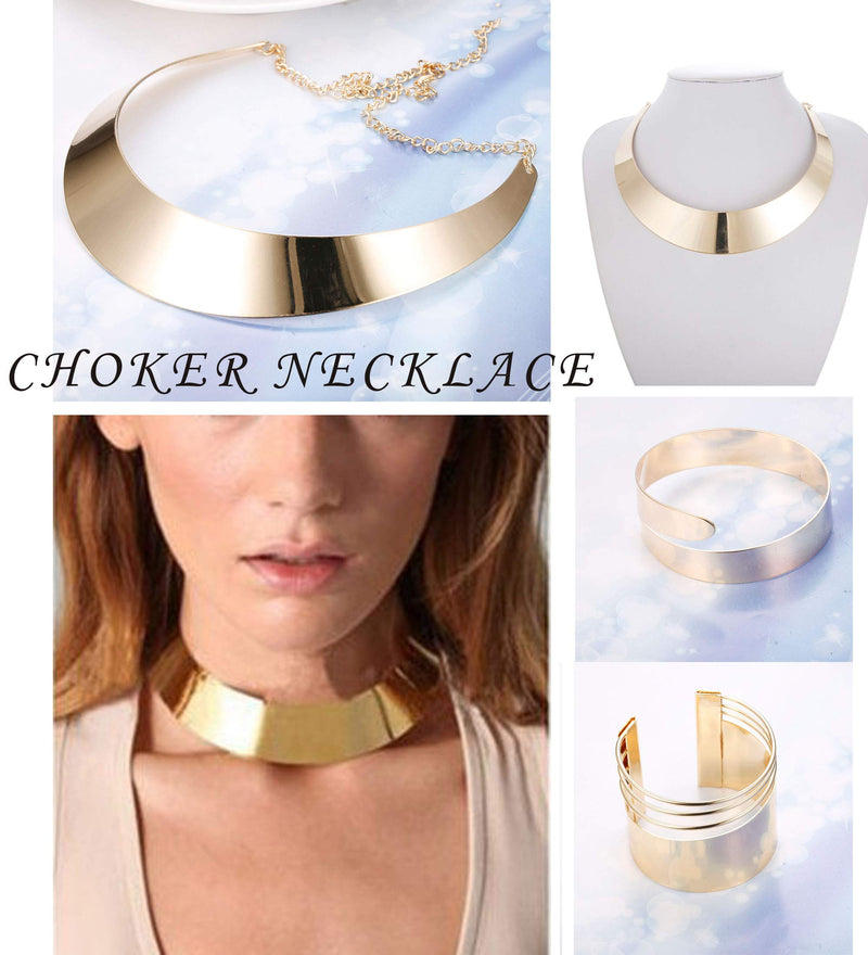 Statement Choker Necklace Open Upper Arm Band and Cuff Bracelets Set