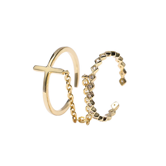 Cross Chain Round Cut Sterling Silver Plated Gold Ring