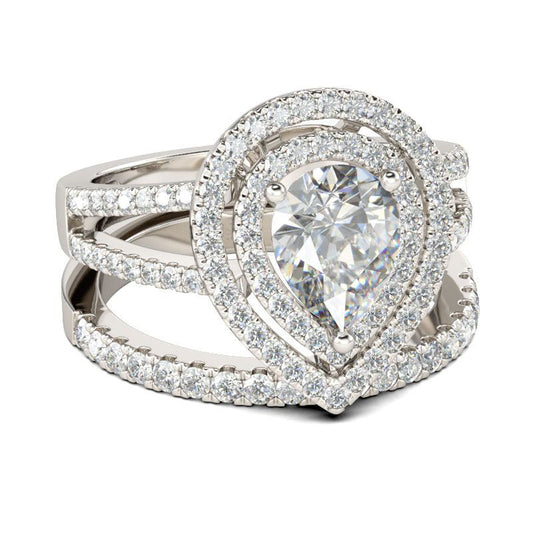 Double Halo Pear Cut Sterling Silver Ring Set-JE-Juri Elle