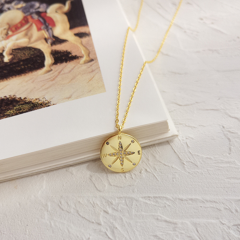 Compass Round Cut Sterling Silver Plated Gold Necklace