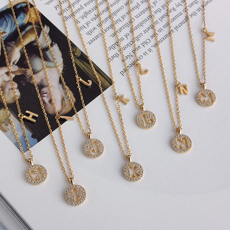Hollow Letter Round Cut Sterling Silver Plated Champagne Gold Necklace