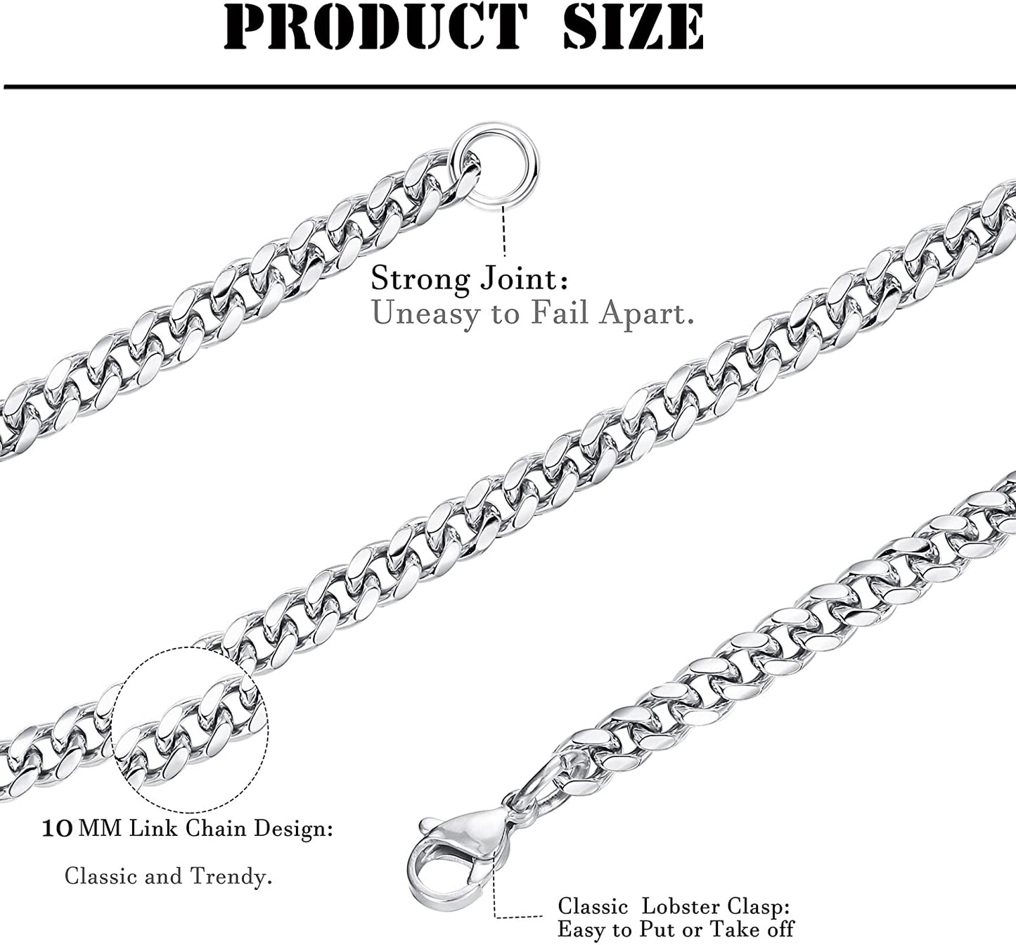 KRFY 10mm Stainless Steel Miami Cuban Link Chain for Men 24 inches